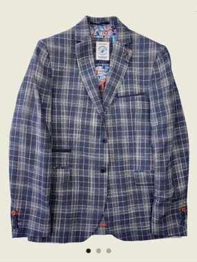 A Fish Named Fred Blue Check Linen Structure Jacket, Size 40R
